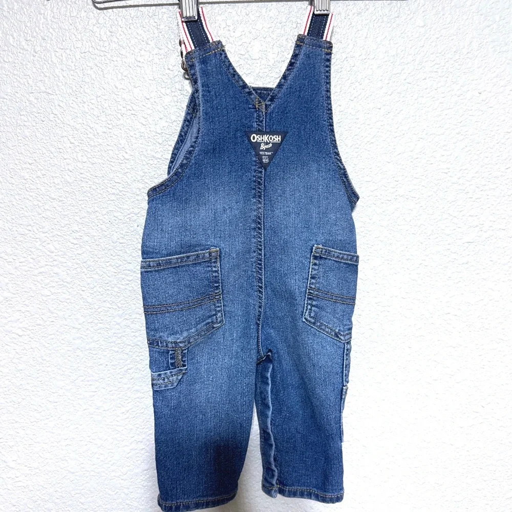 OshKosh Bgosh Denim Overalls Pants Baby Boys‎  6 Mo Medium Wash Vestbak Striped